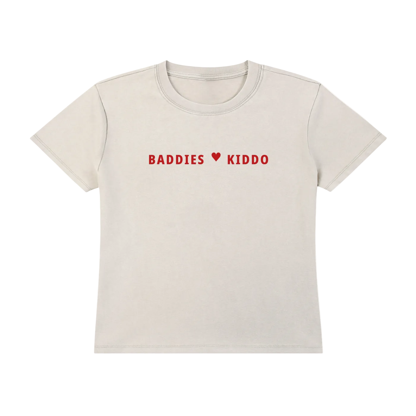 Beige t-shirt with 'BADDIES ❤️ KIDDO' text on a white background