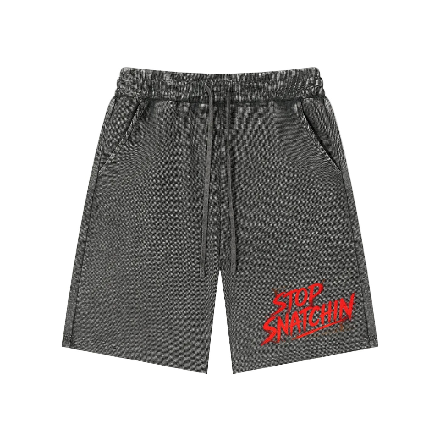 Gray shorts with red text 'Stop Snatching' on a white background